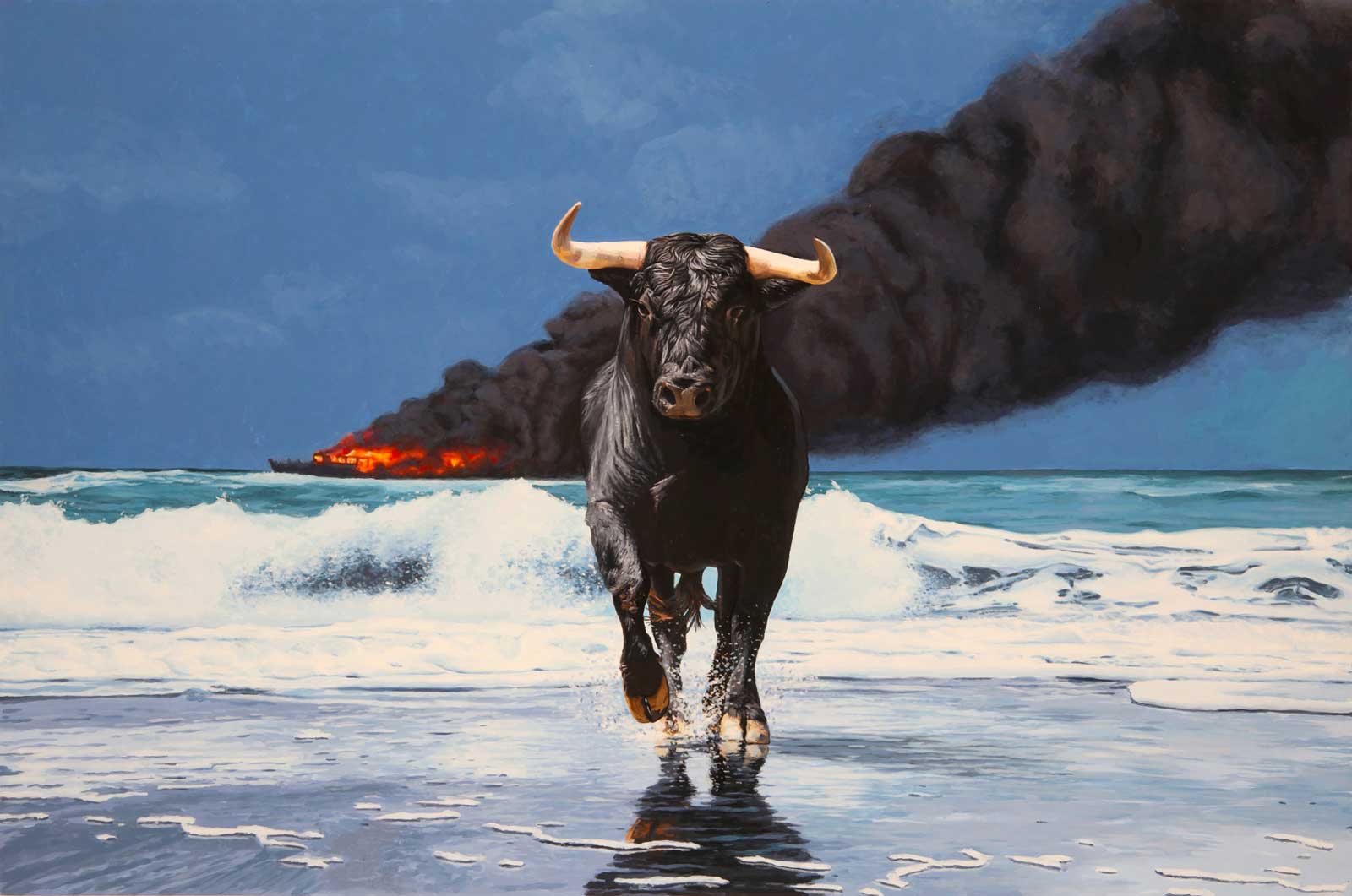 Painting by Josh keyes of a dark bull running ashore with a burning ship in the background