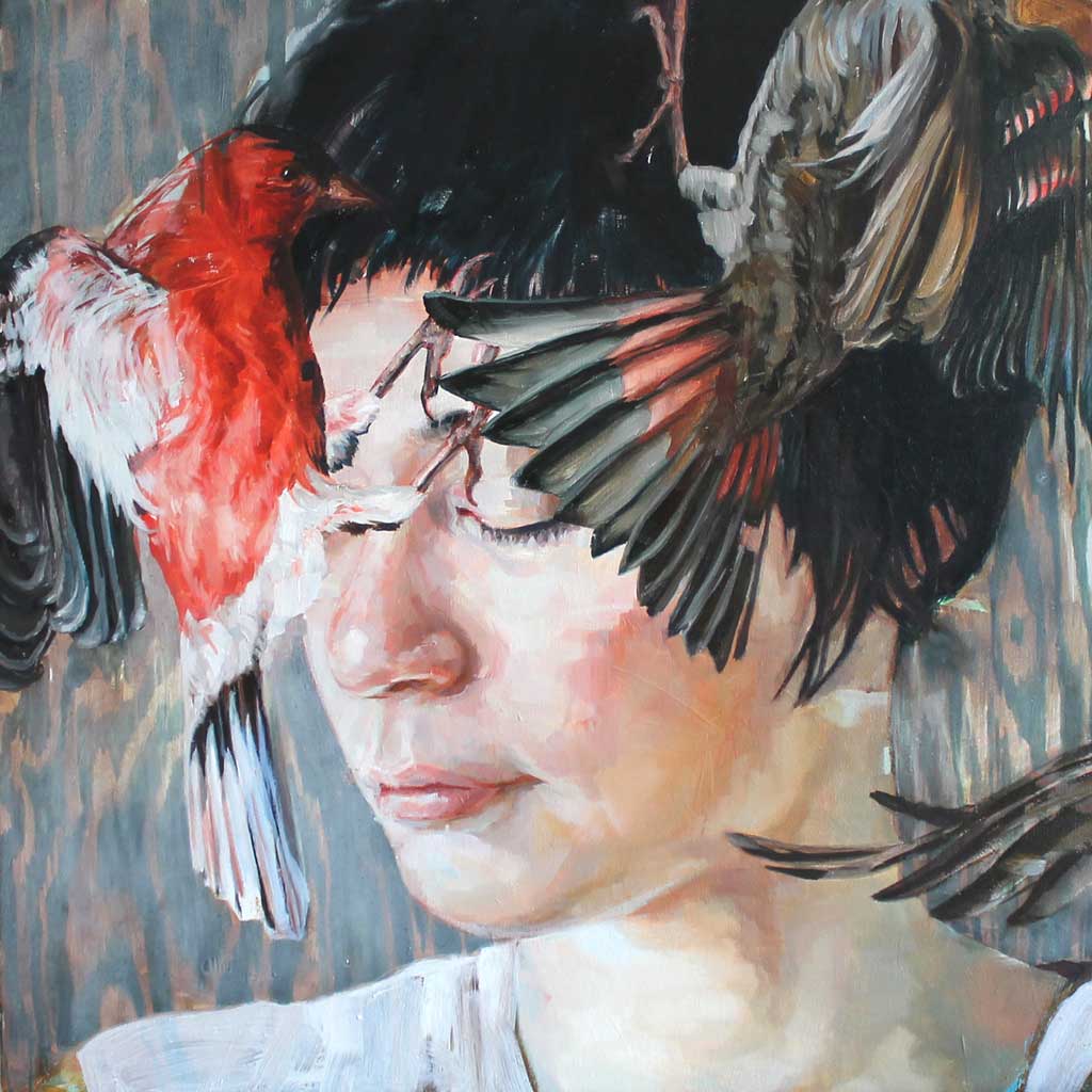 portrait painting by Meghan Howland of a womans head and shoulders with black and red feathered birds flying around and partially covering it