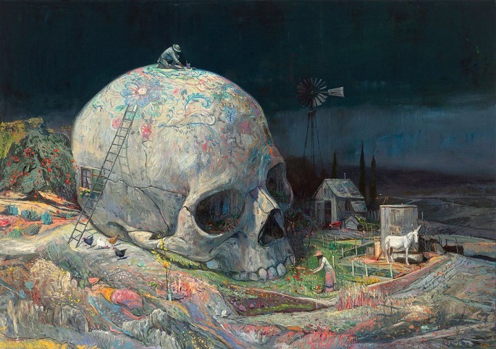 A Painting by Shaun Tan of a skull in a garden with floral patterns painted on it with a dark sky in the background
