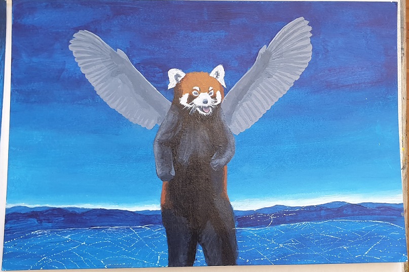 red panda with stone wings hills and streetligths in the background