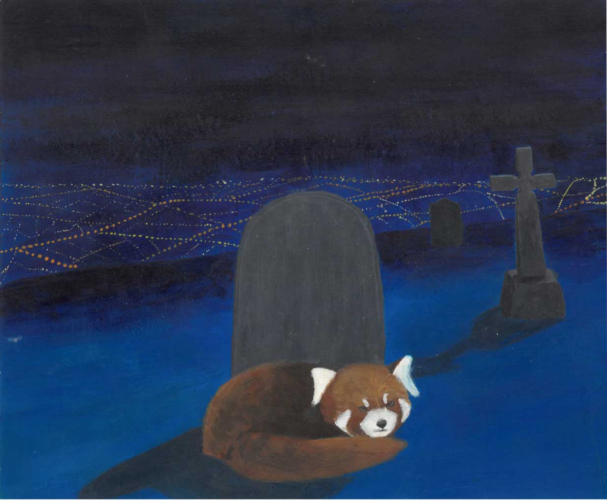 painting of a redpanda next to a grave, city lights in the background