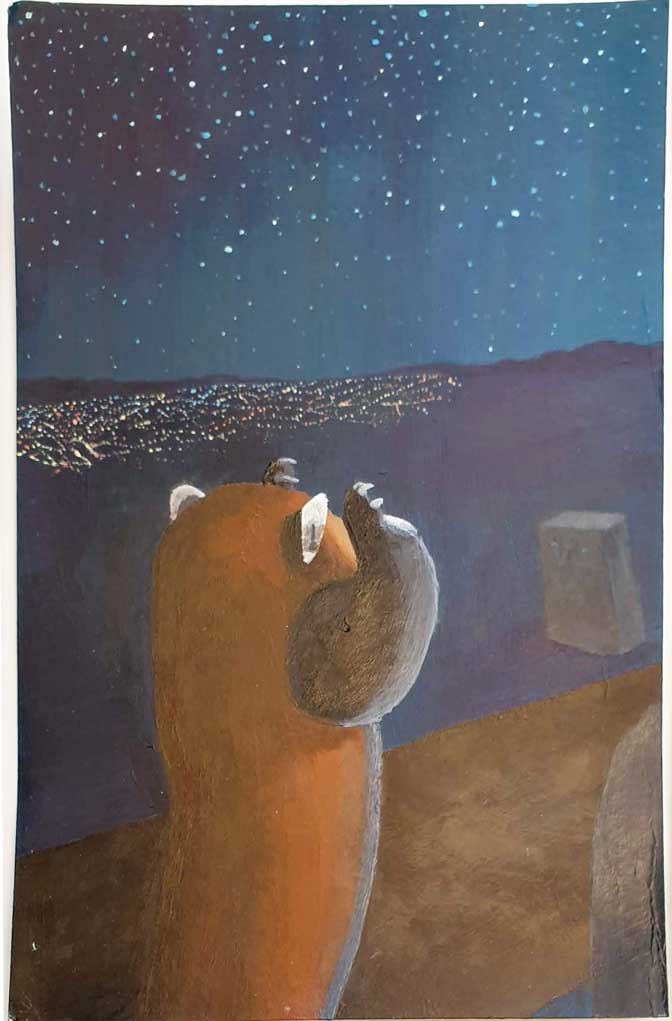 painting of a red panda arms raised city lights in background