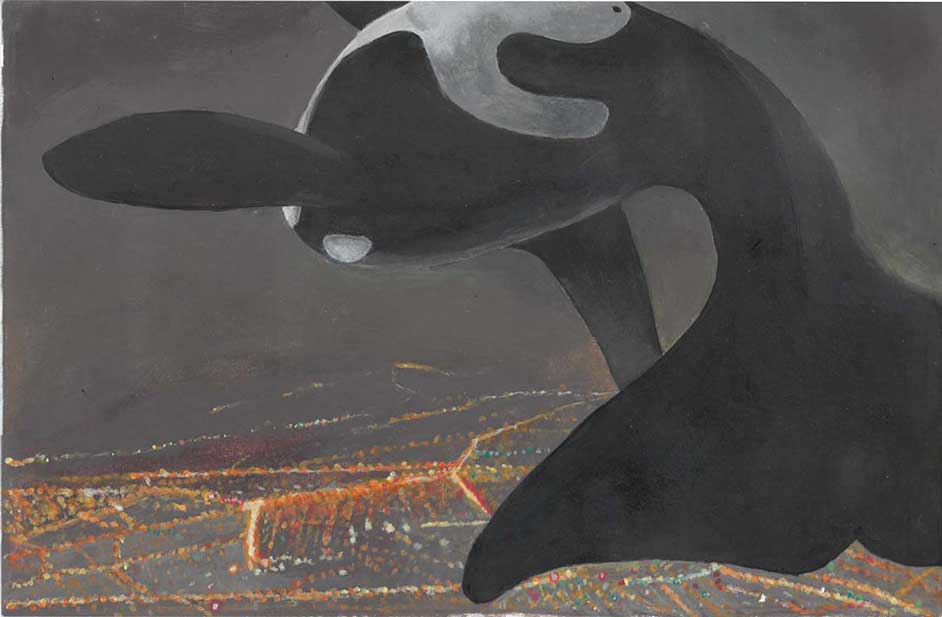 study/copy of a painting by Shaun Tan of an orca flying above a city