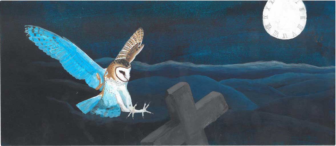painting of Barn owl landing on a cross