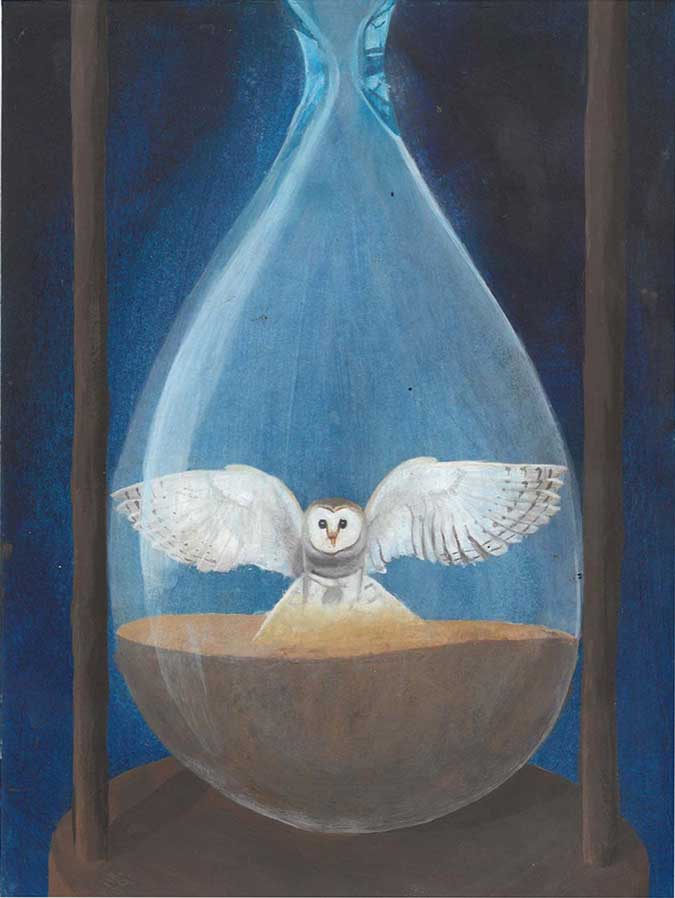 owl coming out of sand inside of an hourglass 