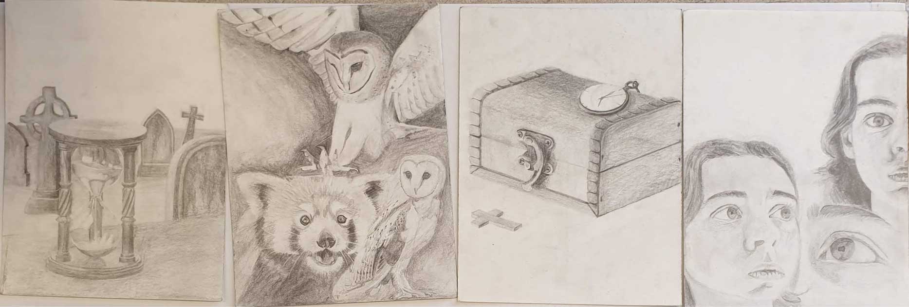 4 penicil drawings,a self portrait, an hourglass surrounded by graves, a redpanda and two barn owls, a jewelery box